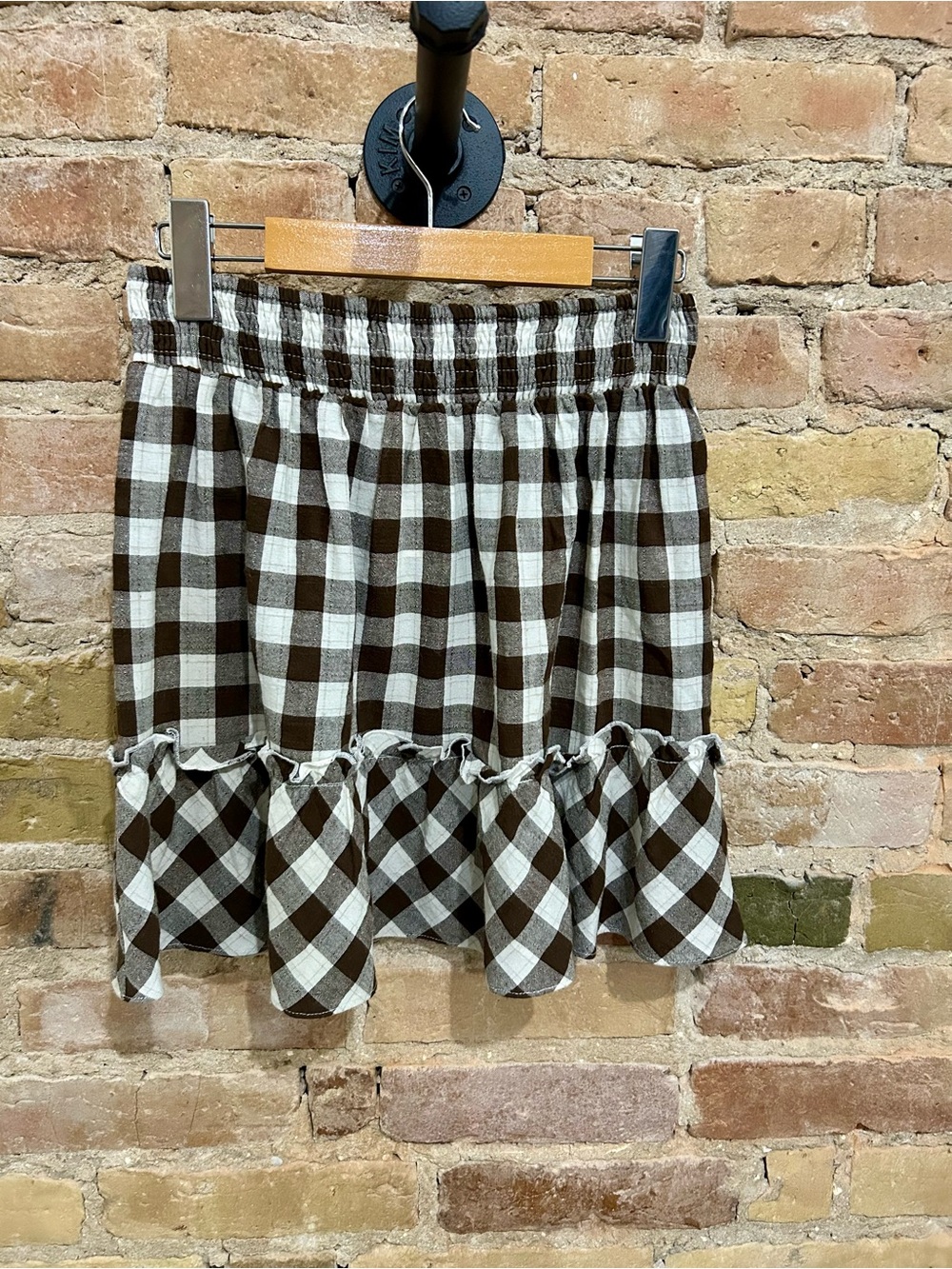 Promesa Cotton Brown and Cream Gingham Ruffle Mini Skirt